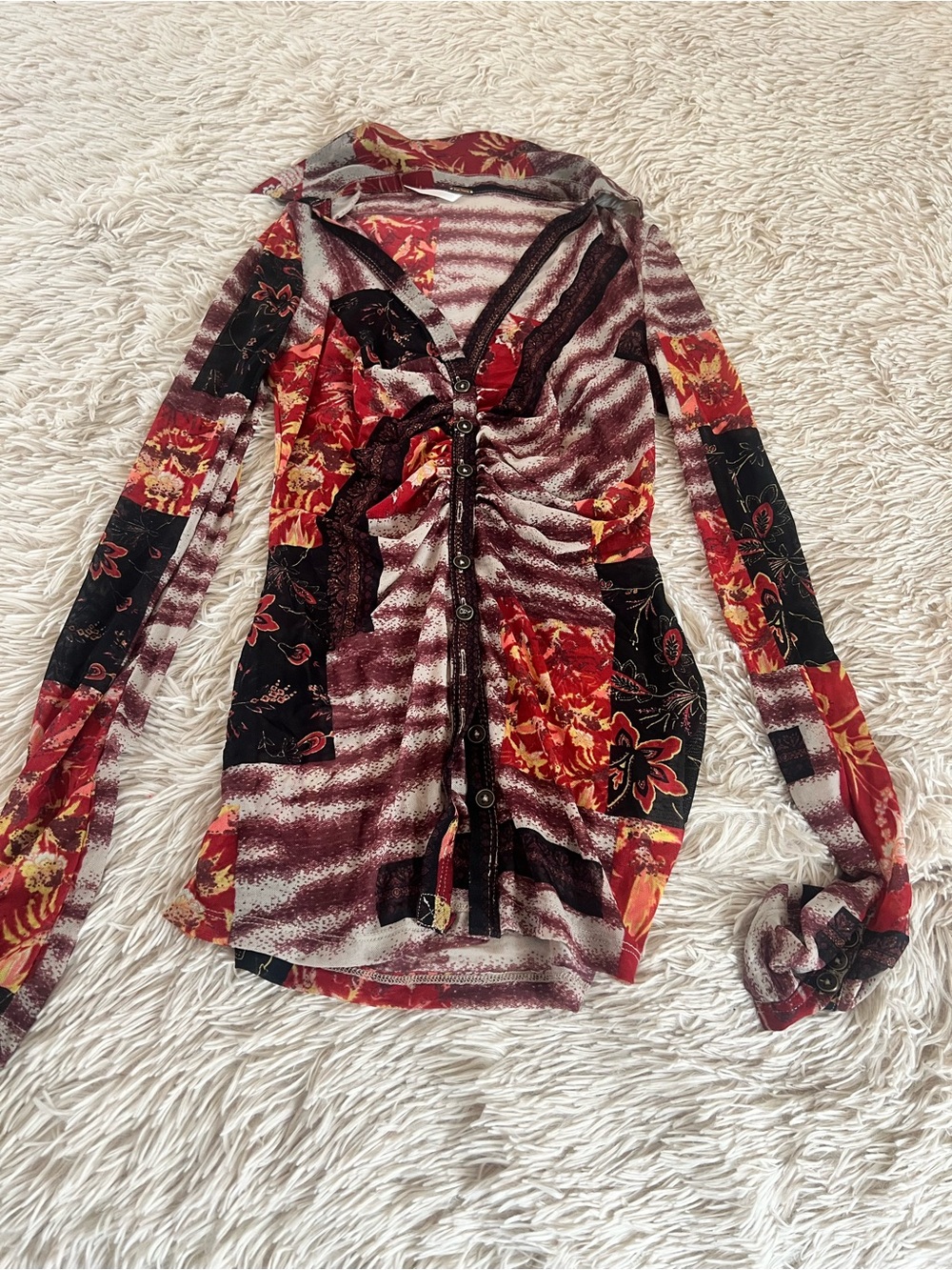 Free People Red & Black Floral Ruched Button-Down Top
